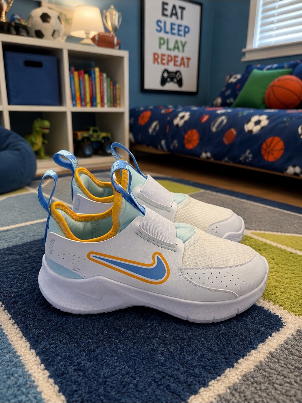 Nike Flex Runner 3 Kids White Sneakers with Blue and Yellow Accents